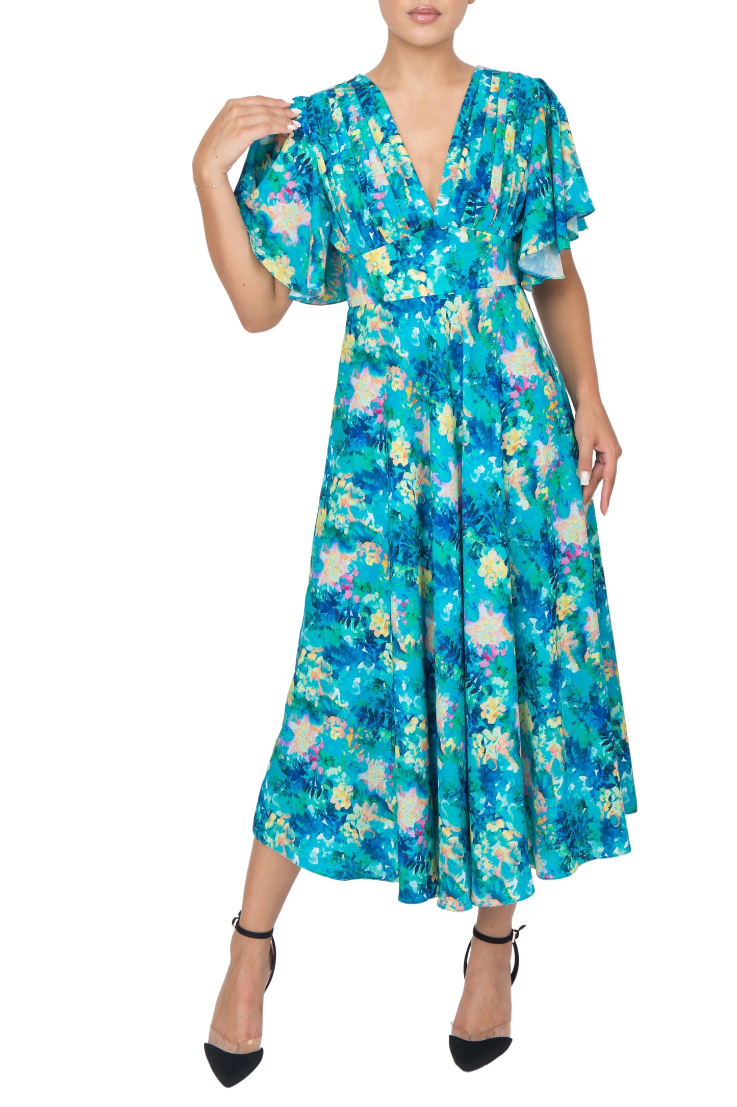 Front view of the blue floral silk dress with the pleated bodice and V-neckline