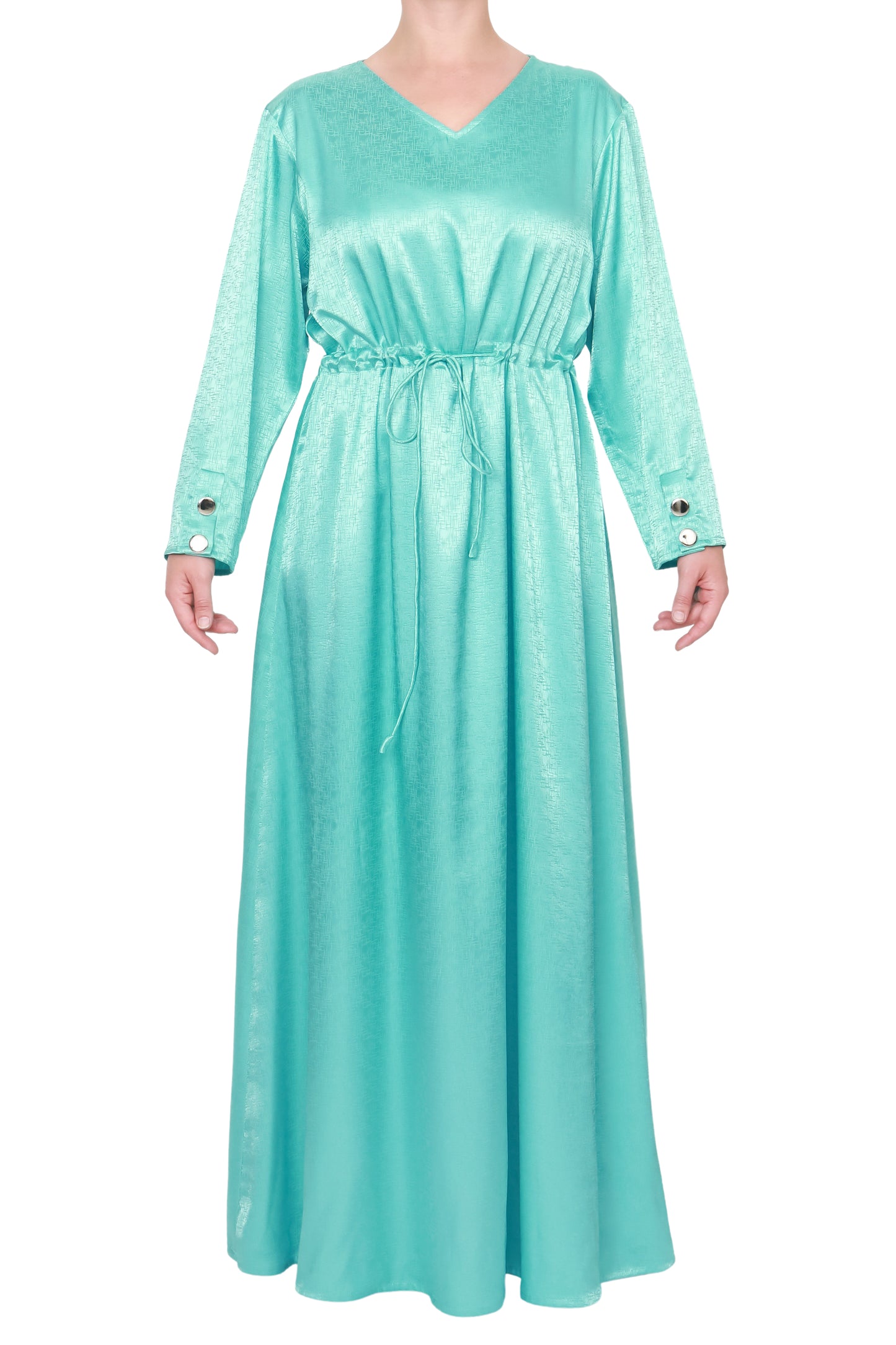 Elegant aquamarine dress made of luxurious silk jacquard fabric with adjustable drawstring waist and silver buttoned cuffs