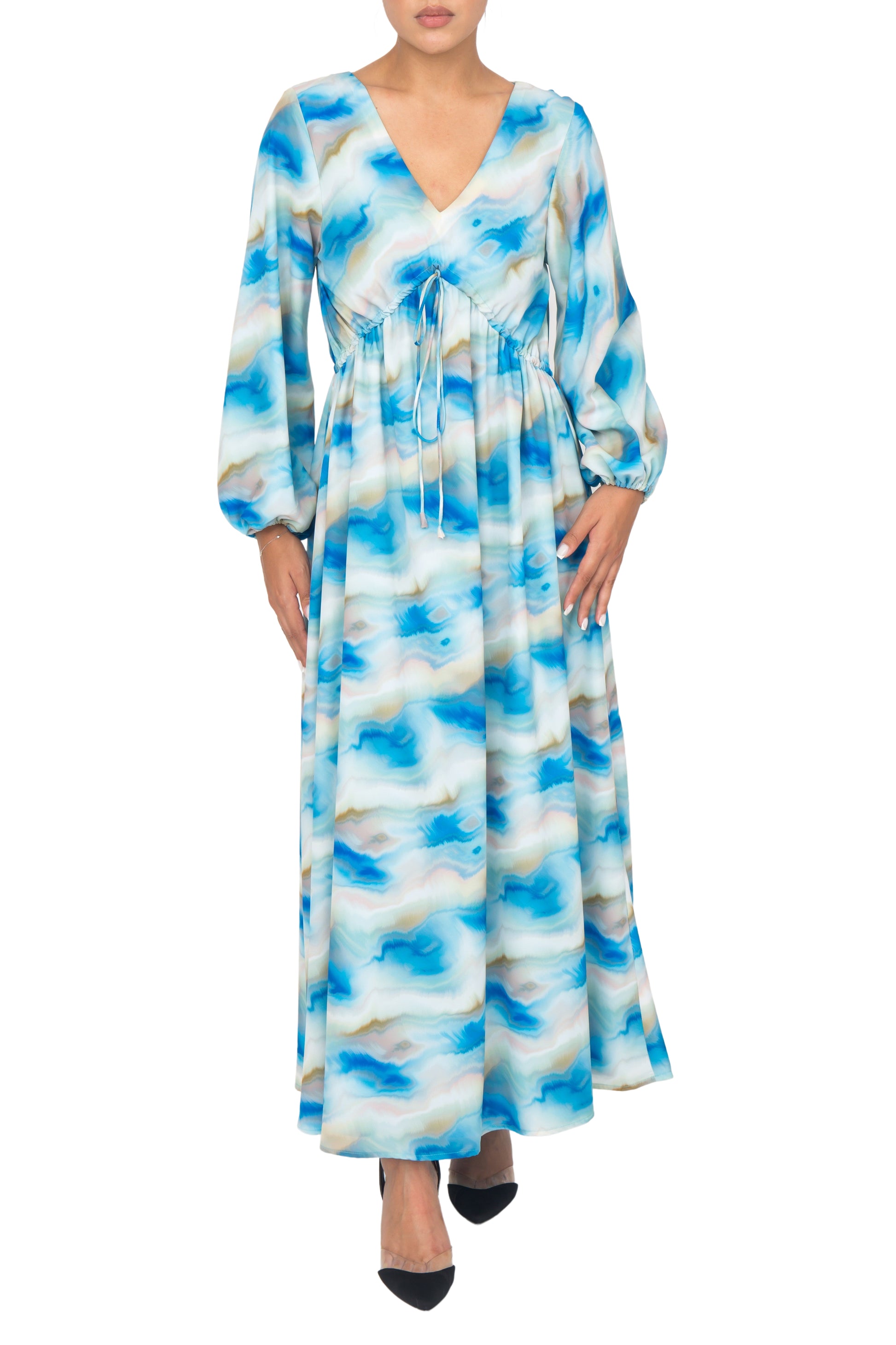 Pretty blue printed silk dress with a V-neck and drawstring bodice, perfect for a casual day out