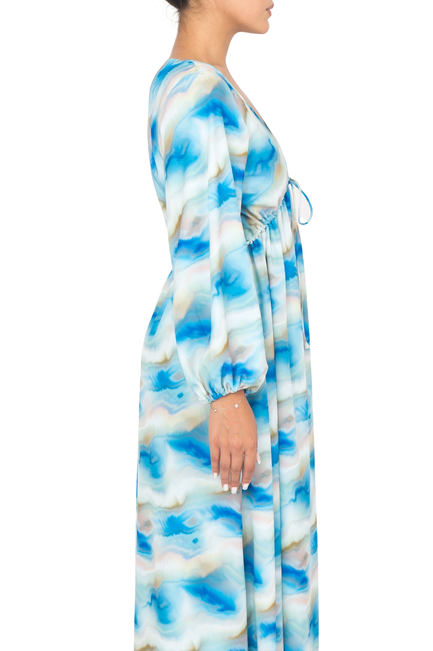 Comfortable blue printed dress made of luxurious silk fabric