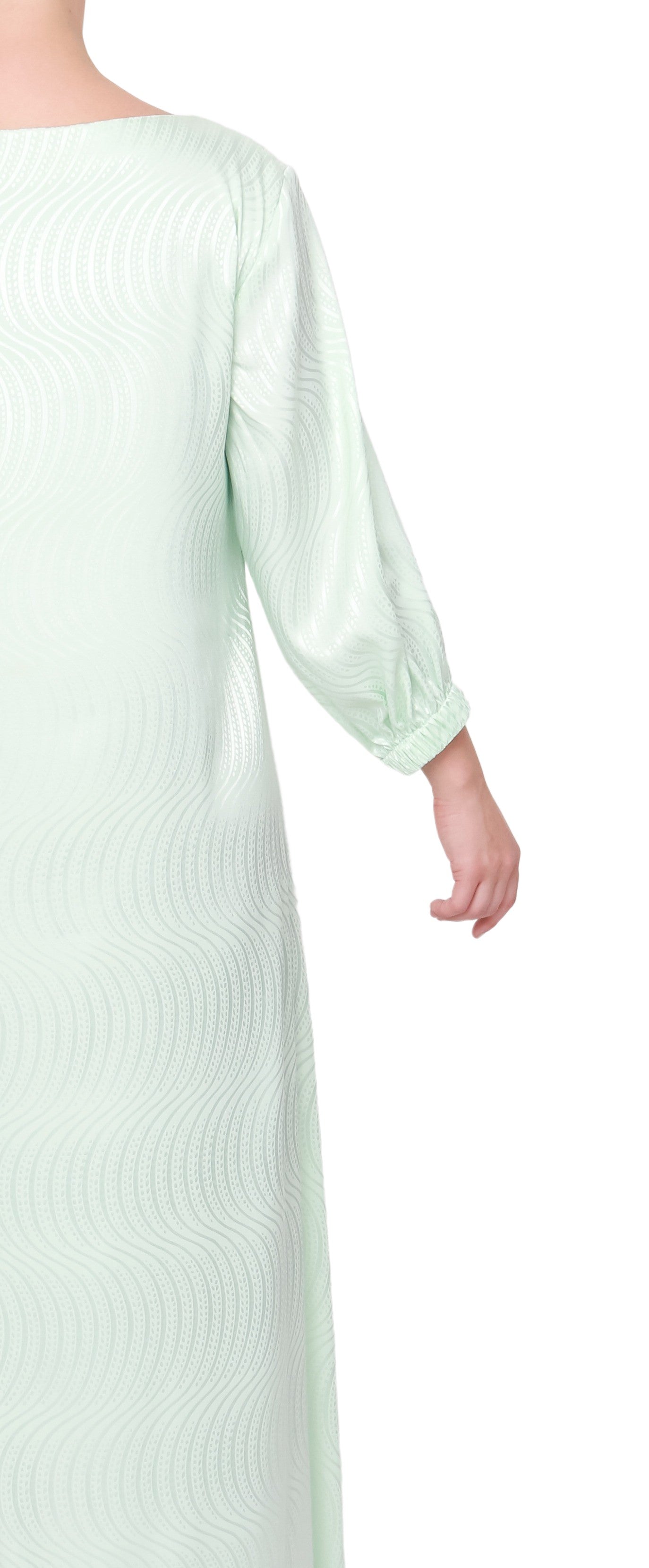 Upgrade your wardrobe with our stunning mint silk jacquard dress, complete with pleated front detailing, white pearl and bugle bead band, and playful puff sleeves.