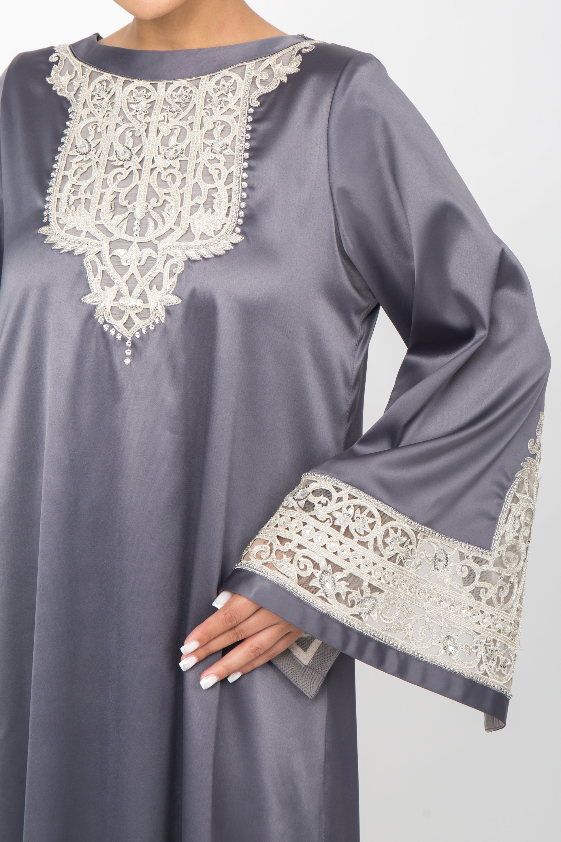 Eid dress kandoora جلابية Jellabiya jalabiya celebration embroidered dress grey silver maxi dress embroidered