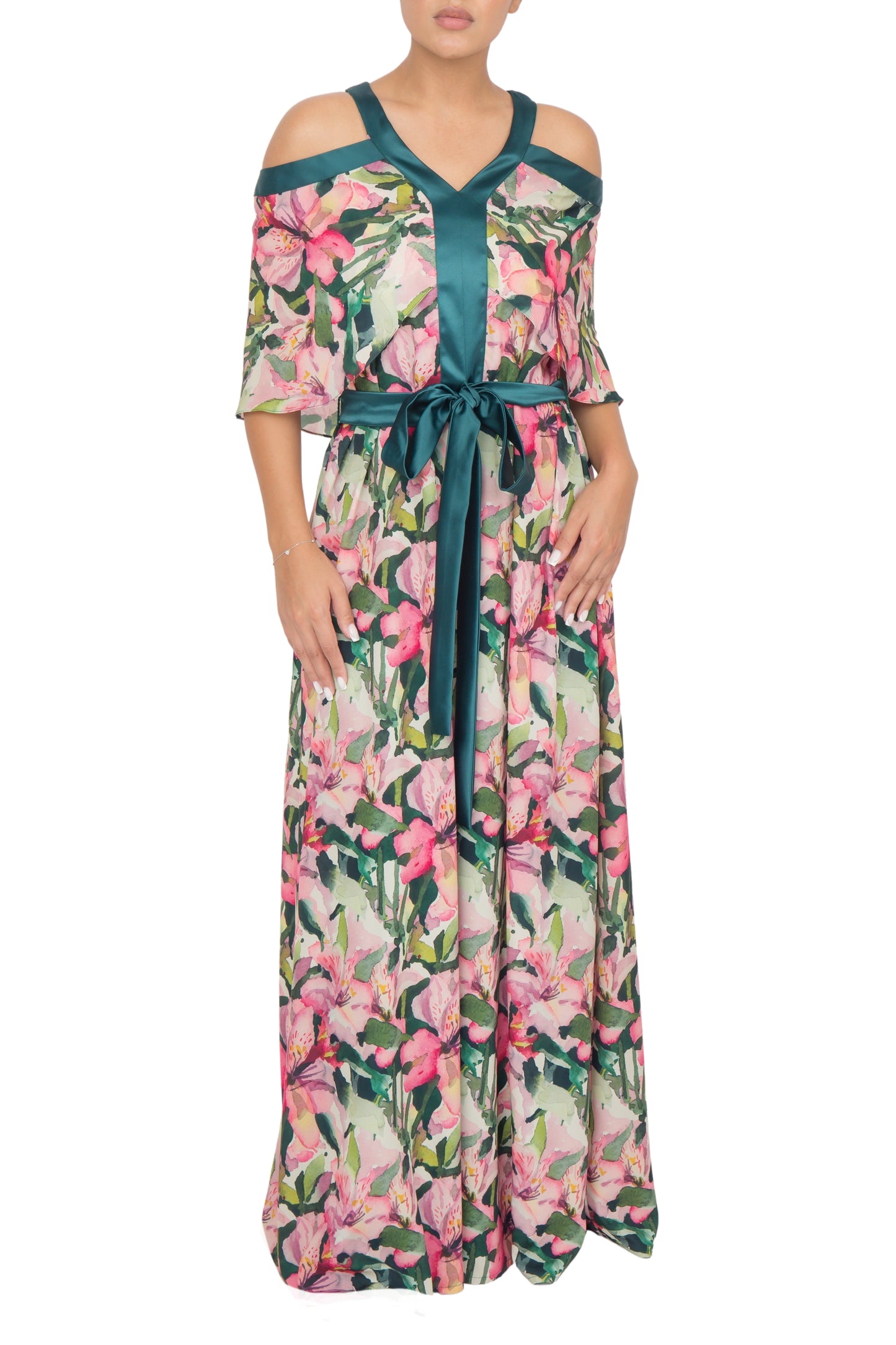 Tropical printed silk dress with V-neckline and cut-away shoulders