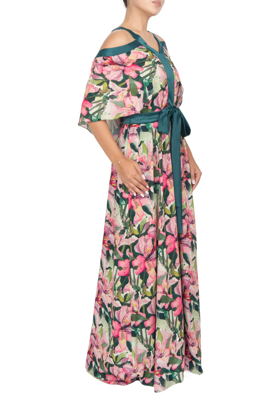 Luxurious silk dress with cleverly designed cap sleeves and contrasting green bands