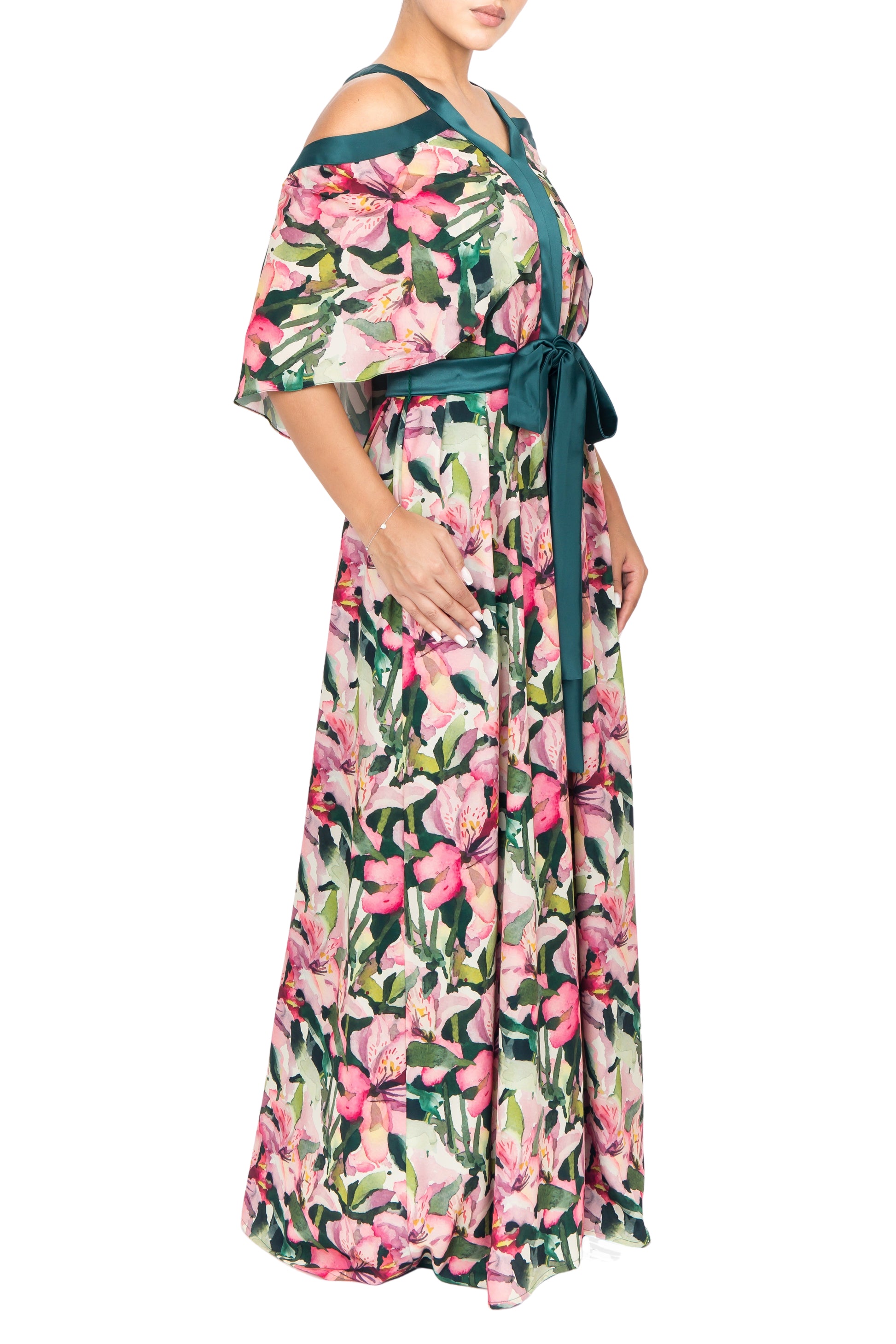 Vibrant tropical print dress with a tie belt and cut-away shoulders