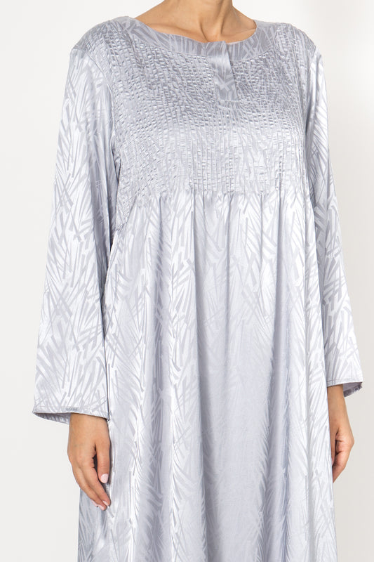 Stylish silver grey silk jacquard dress with placket front opening and intricate pinstripe stitching on the bodice.