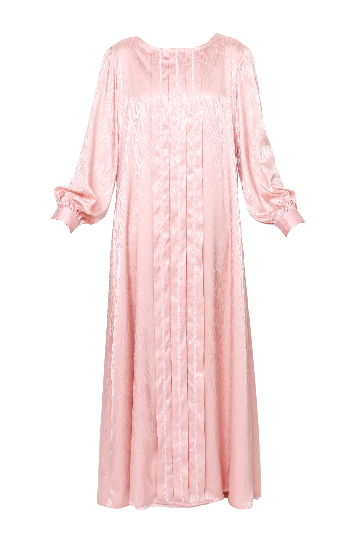 Elegant pink silk jacquard dress with pleated front detailing and full puff sleeves