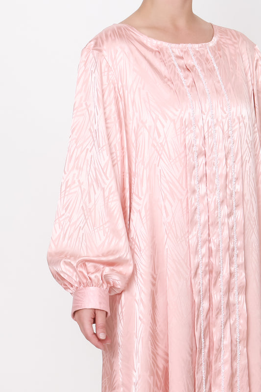 Luxurious pink silk jacquard dress with pleated front and bands of white pearls and bugle beads