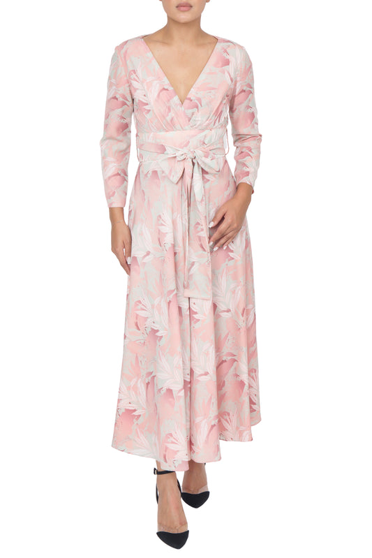 Peach floral printed silk mid-length dress with a V-neck and straight sleeves