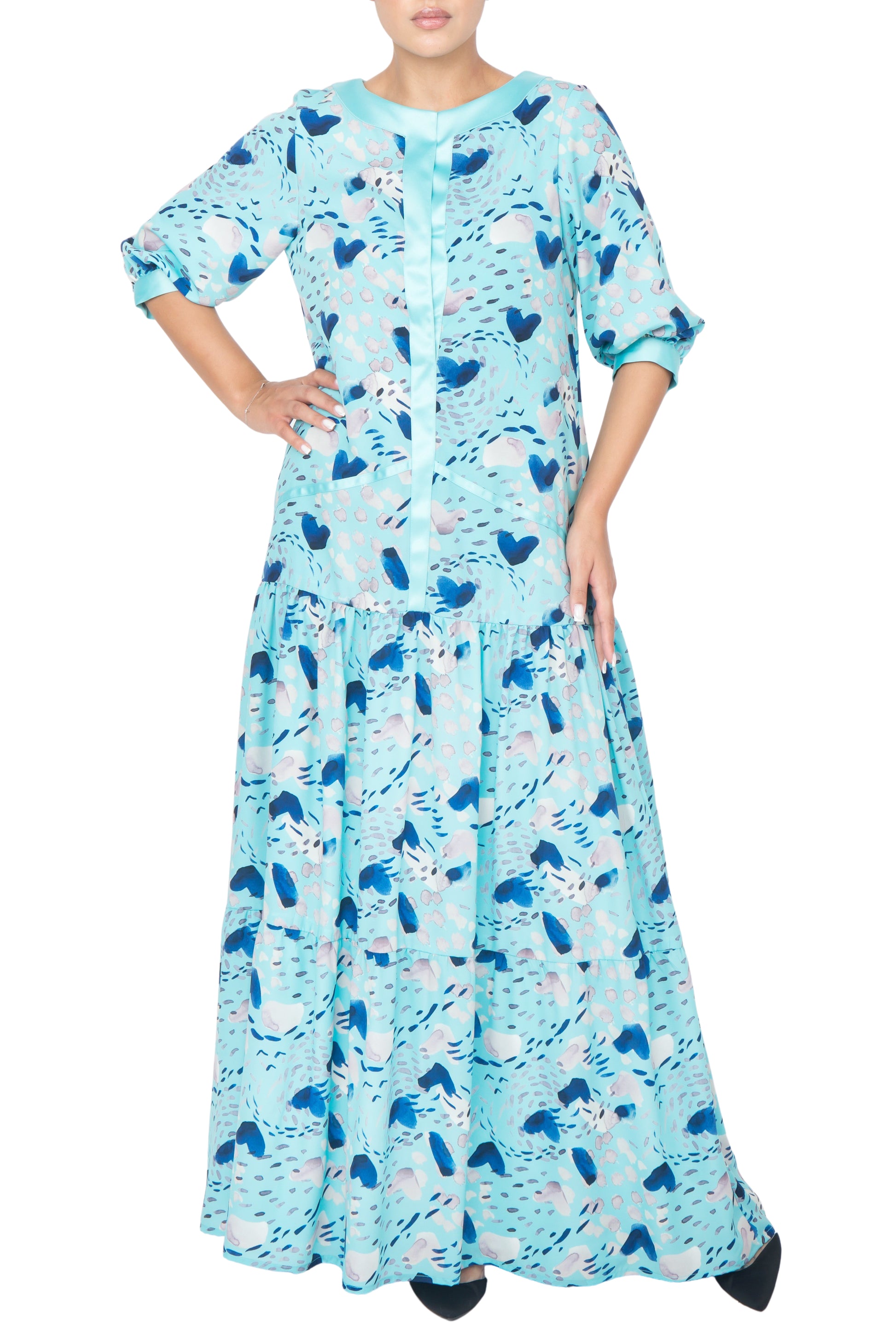 Sea blue printed silk loose fitting dress