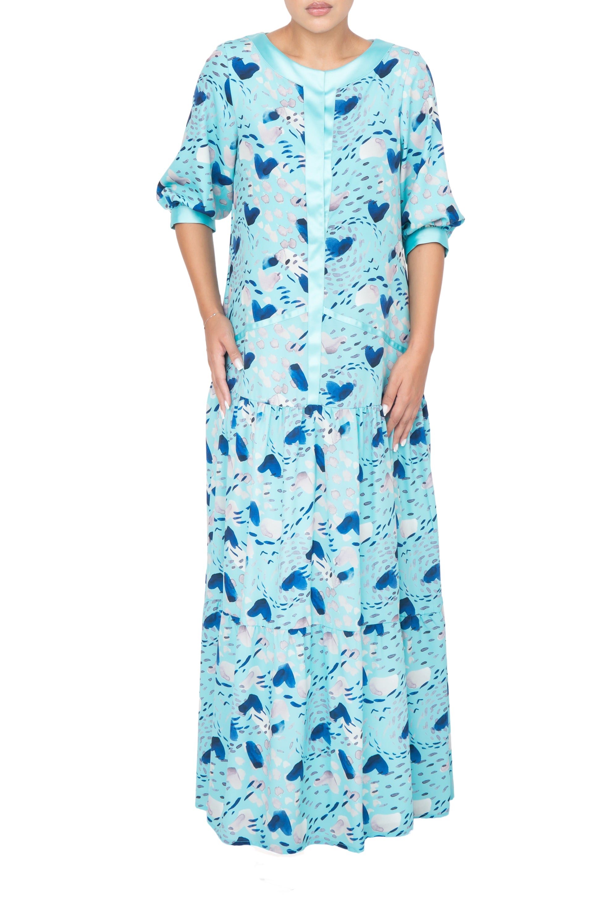 Sea blue printed silk loose fitting dress.