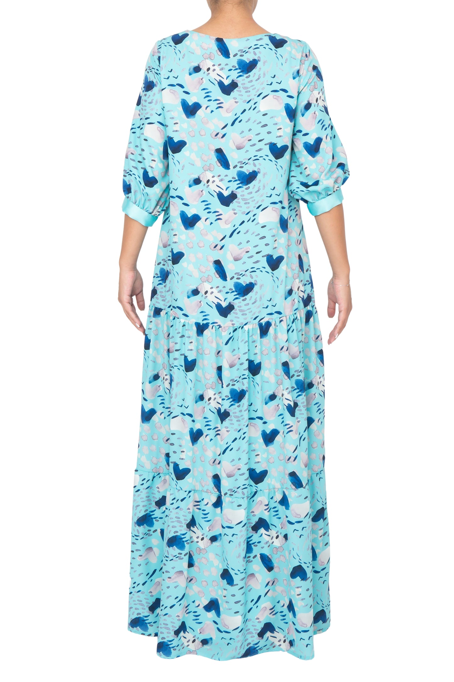 Sea blue printed silk loose fitting dress.