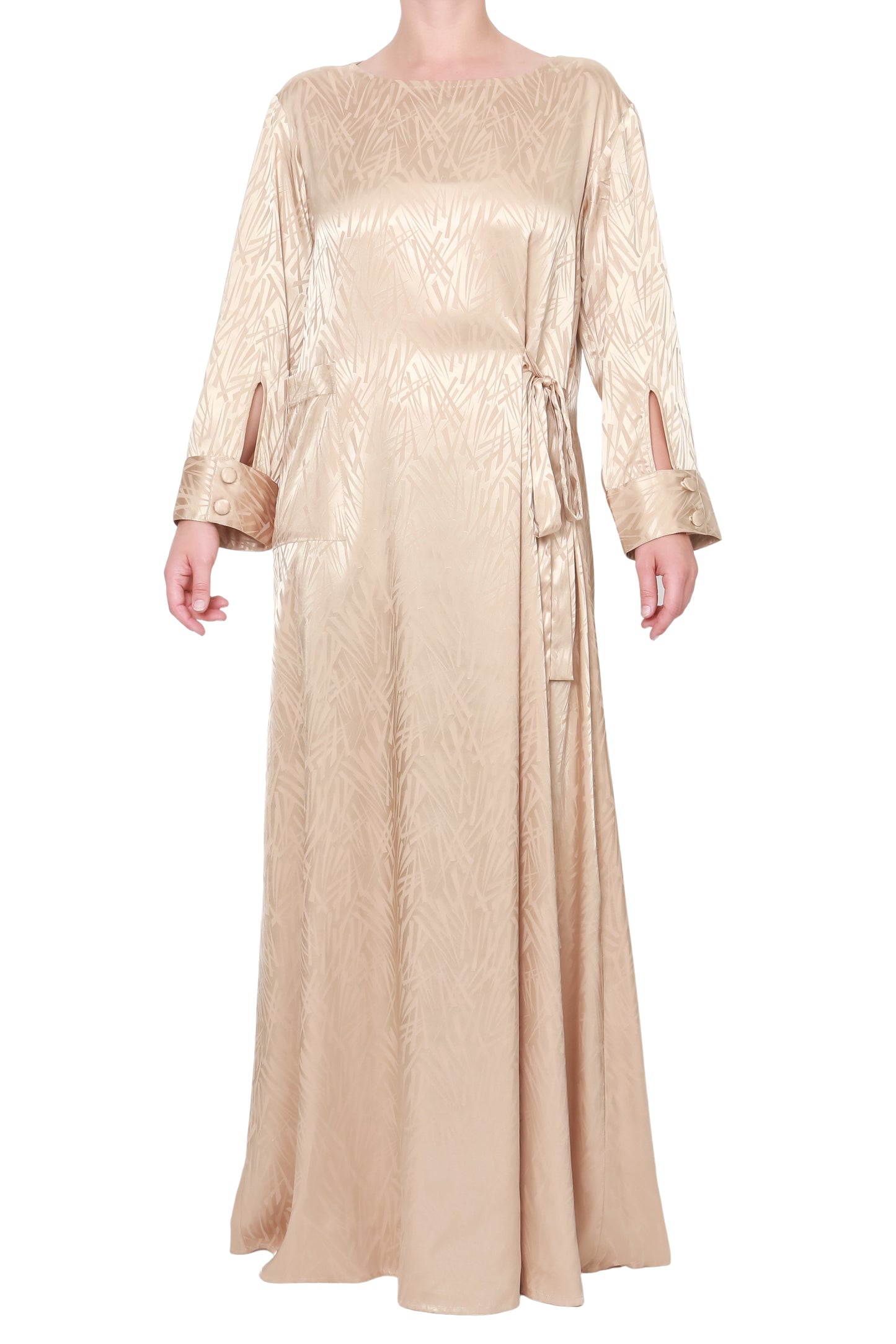  beige silk jacquard dress with a side tie and pocket.