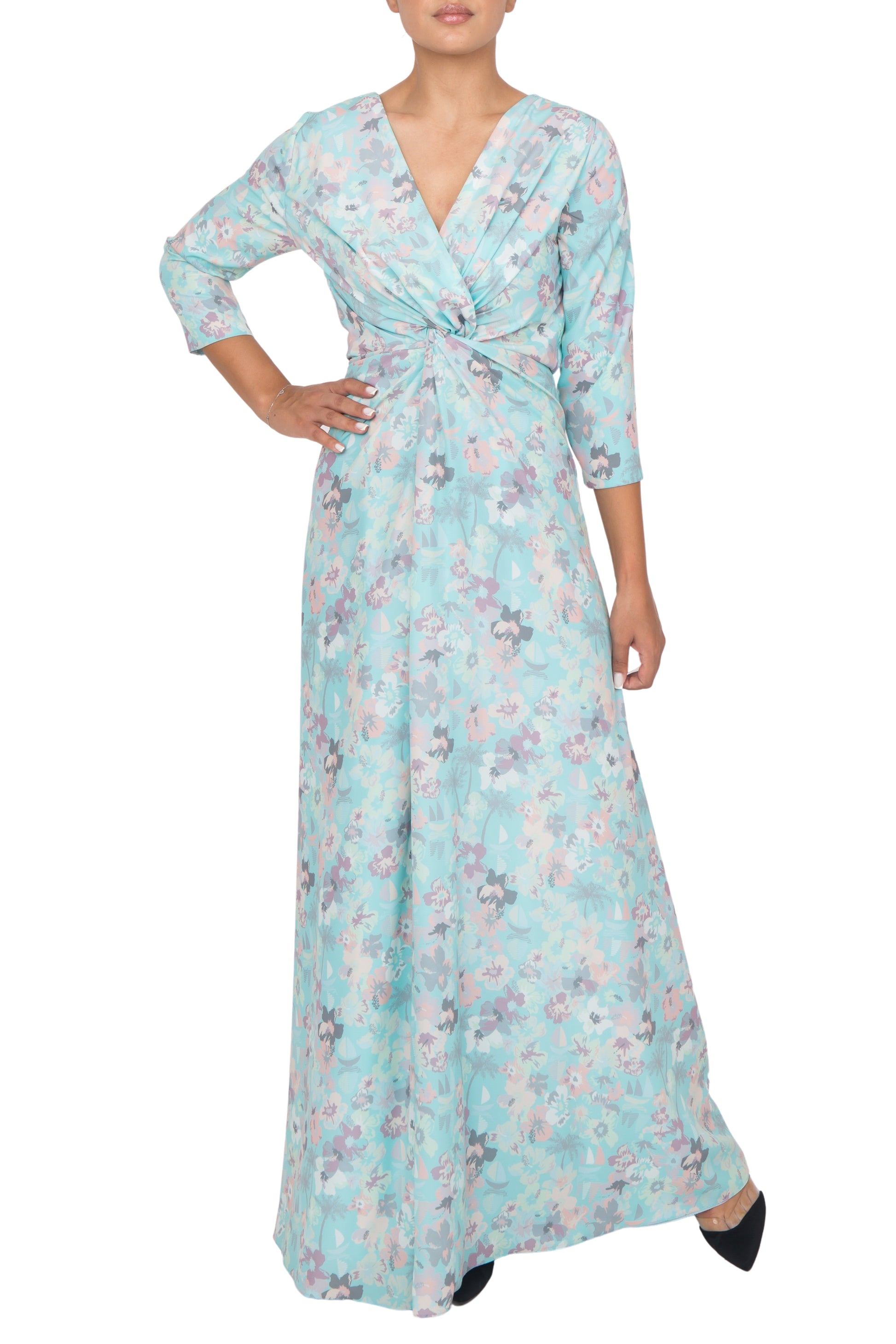 Elegant blue floral printed silk dress with a V-neck and center waist cinch