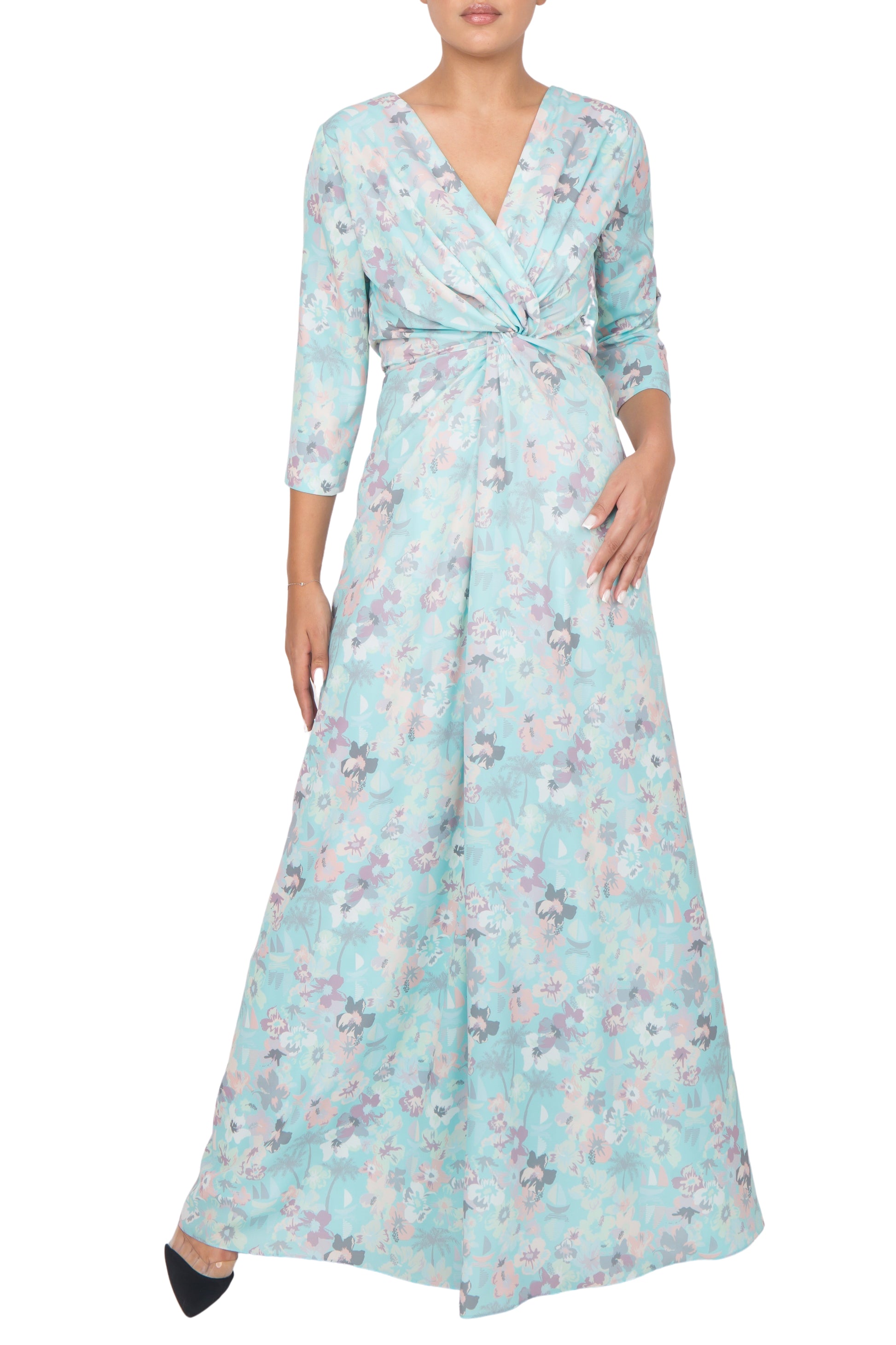 Gentle flared skirt of the blue silk dress, perfect for twirling around in.