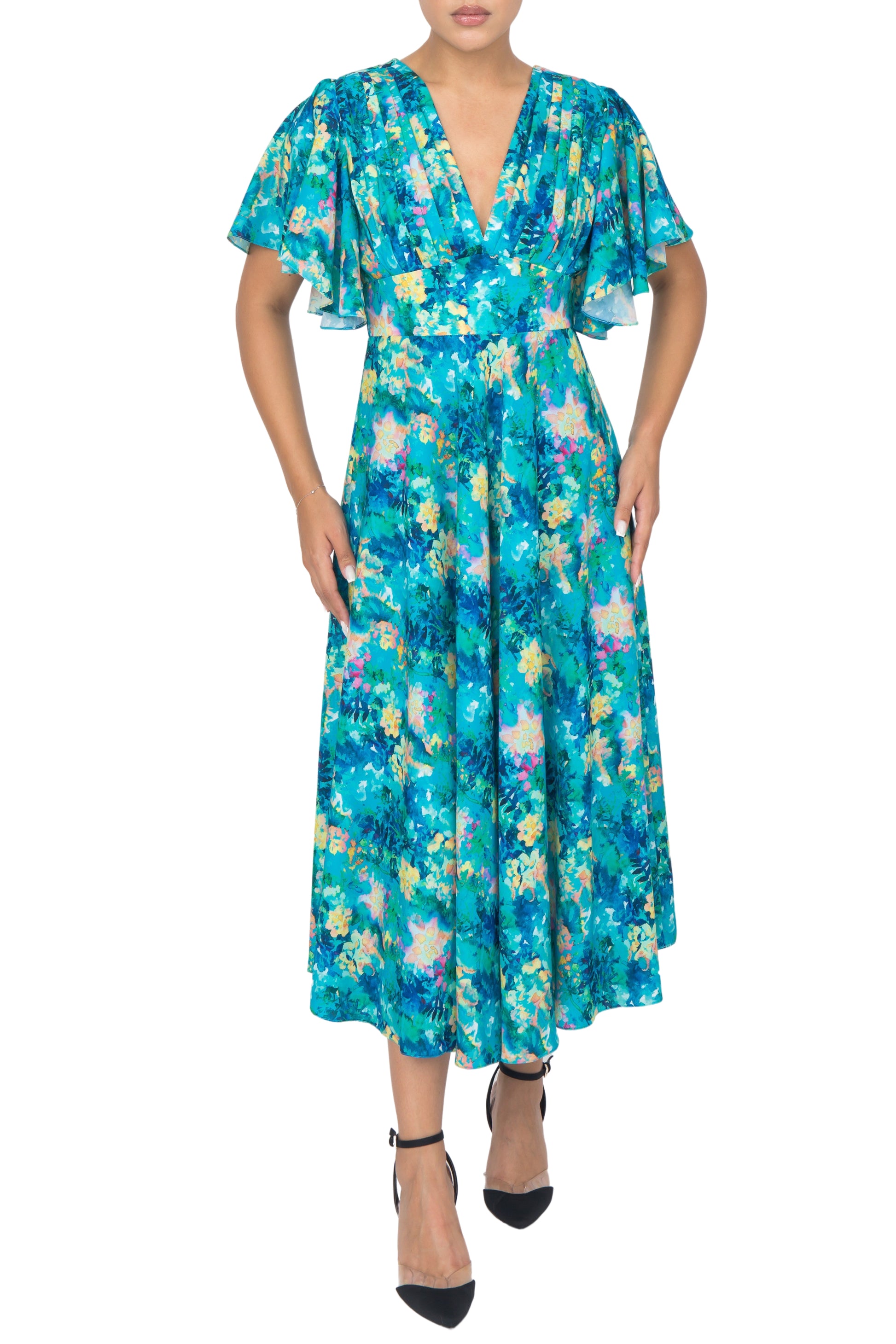 Blue floral silk dress with pleated bodice and V-neckline, front view