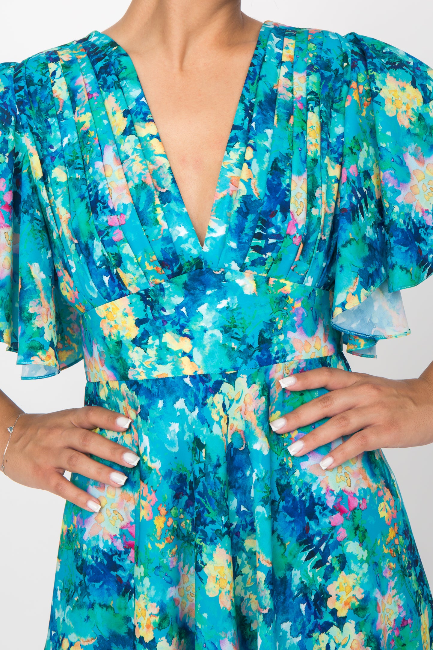 Close-up of the front of the blue floral silk dress