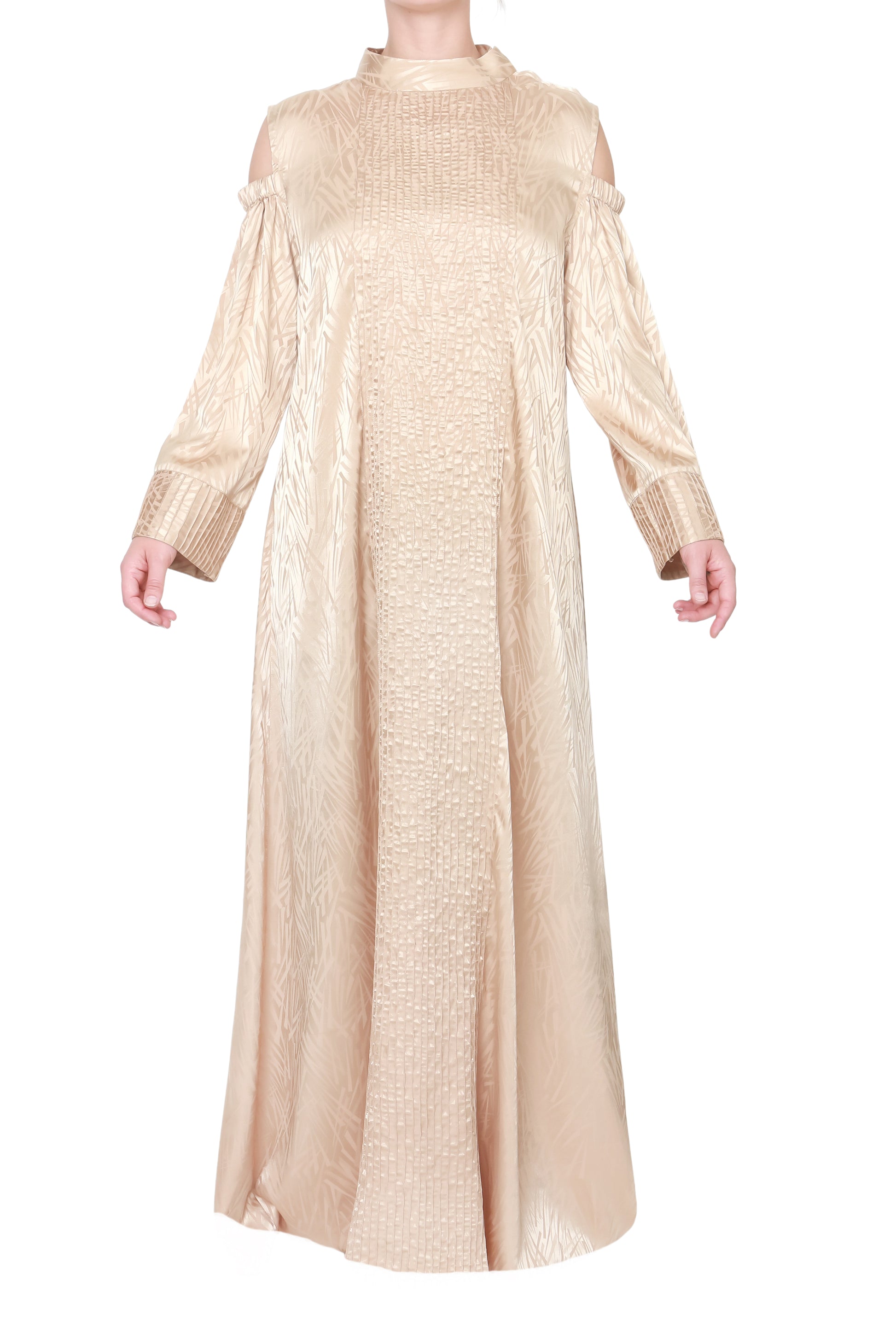 Beige silk jacquard dress with small stand collar and pinstripe stitching