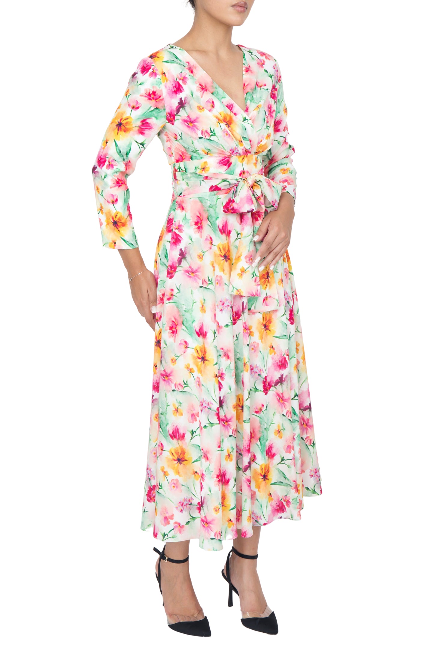 Floral printed silk dress with a V-neckline, long sleeves, and full skirt