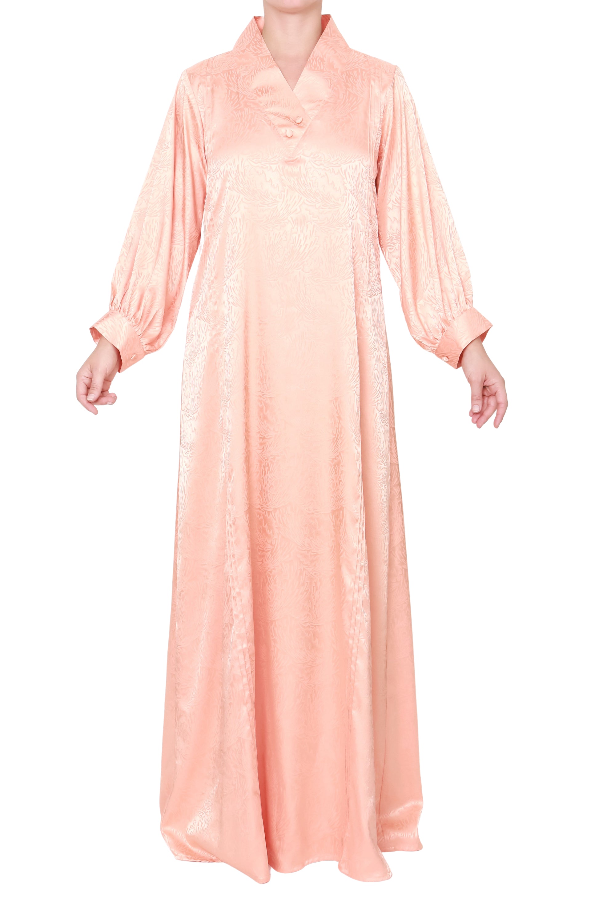 Peach silk jacquard dress with side belt and pinstripe stitching detail