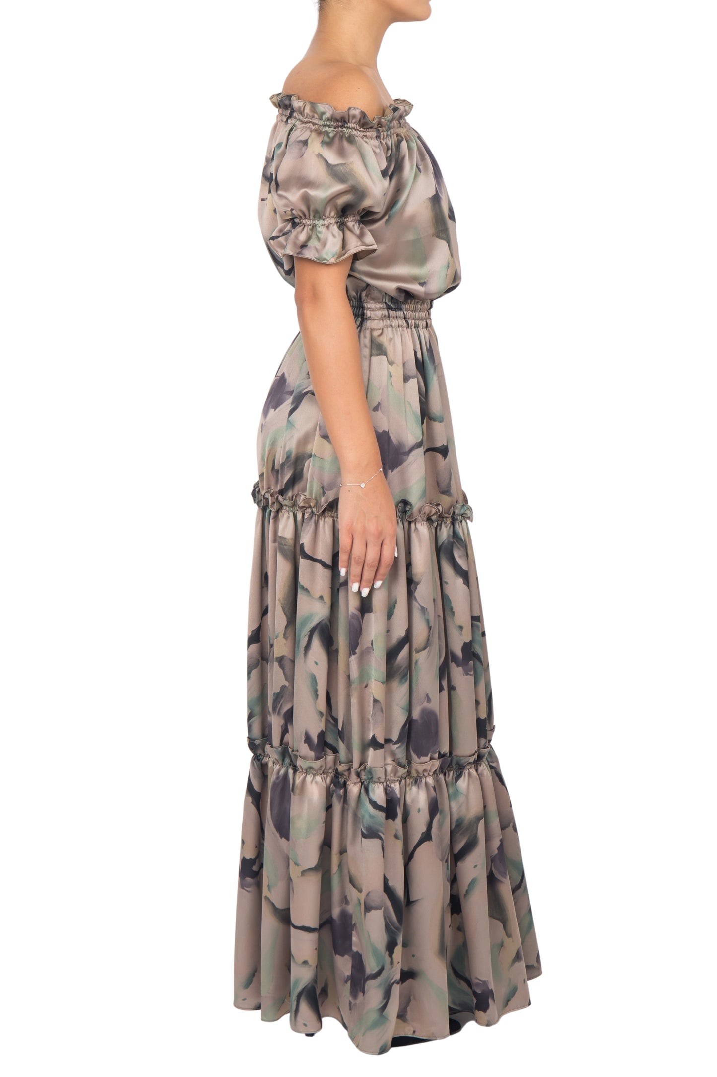 Luxurious mottled print silk fabric of the dress