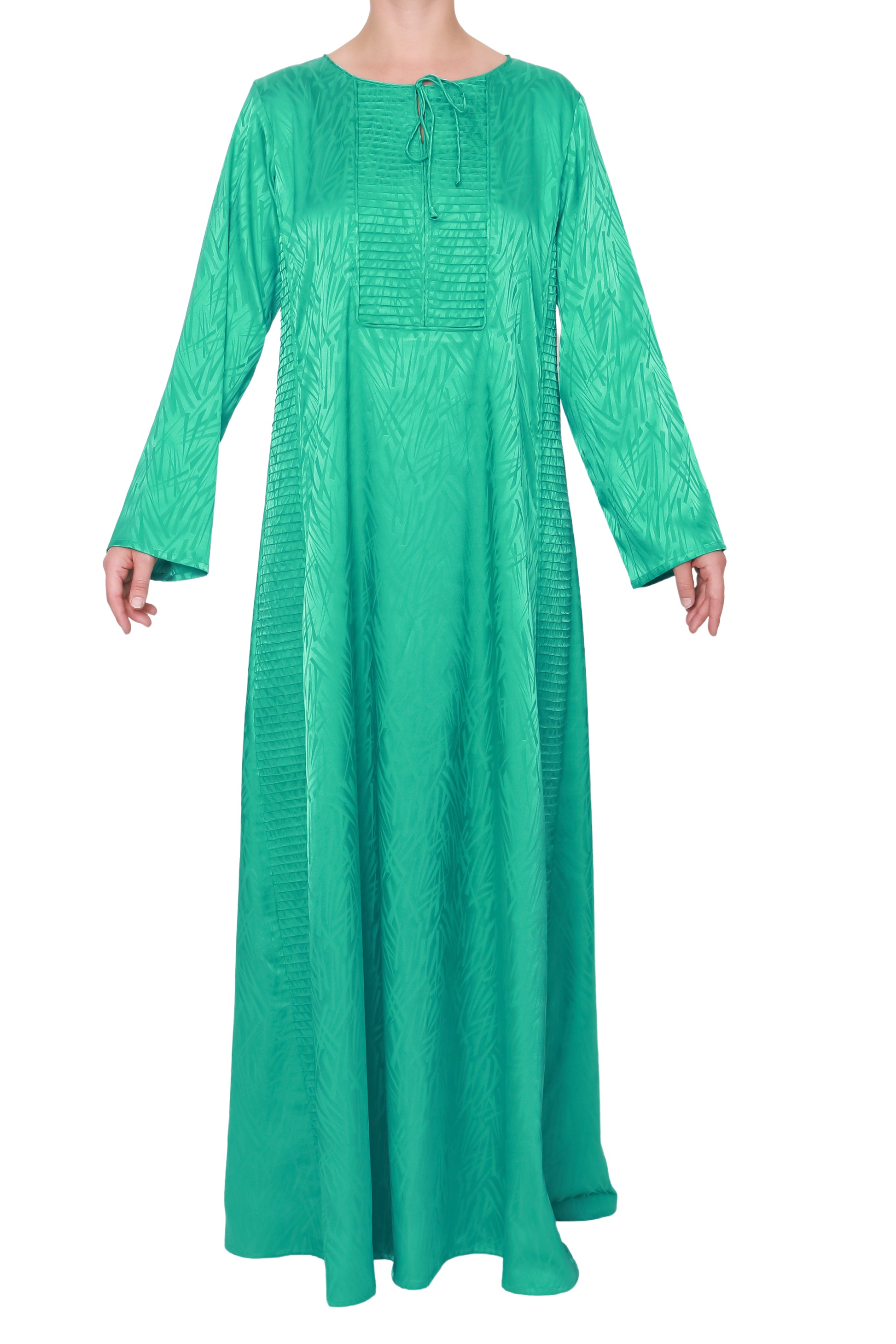 Green silk jacquard dress with elegant pinstripe stitching and piping