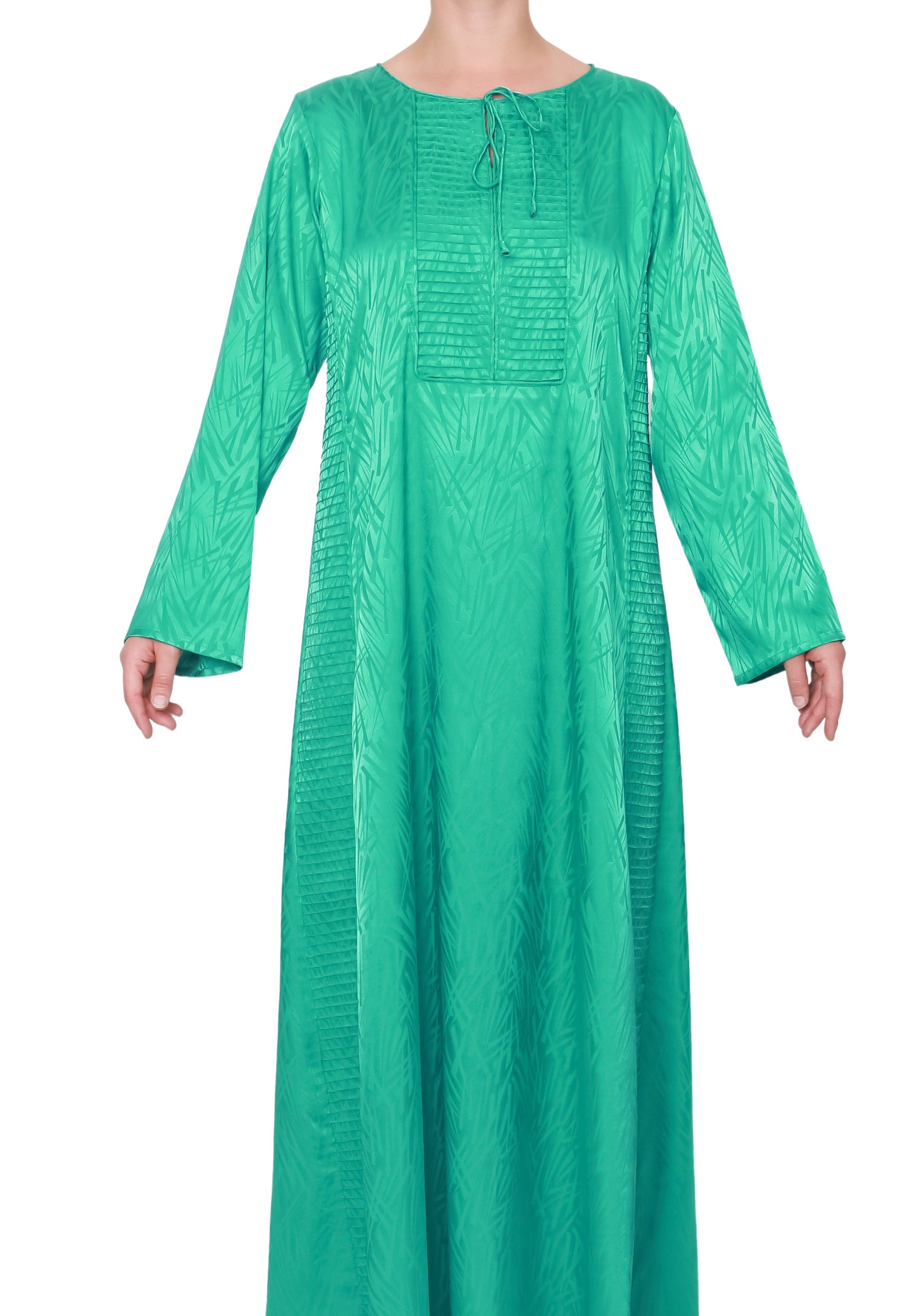 Modest green dress with relaxed tie neck and comfortable silk fabric