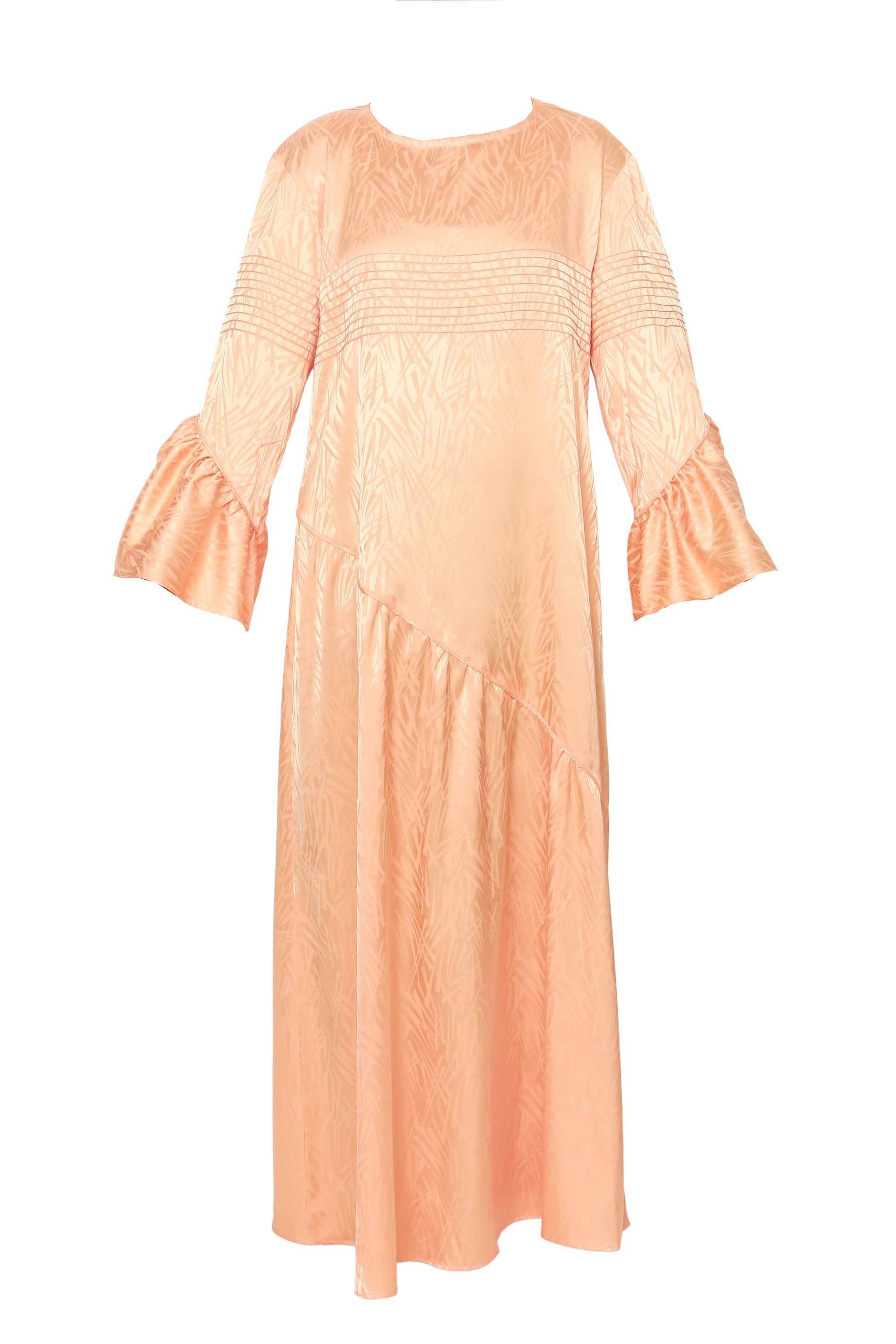 Peach Silk Dress with Pinstripe Stitching and Diagonal Frill