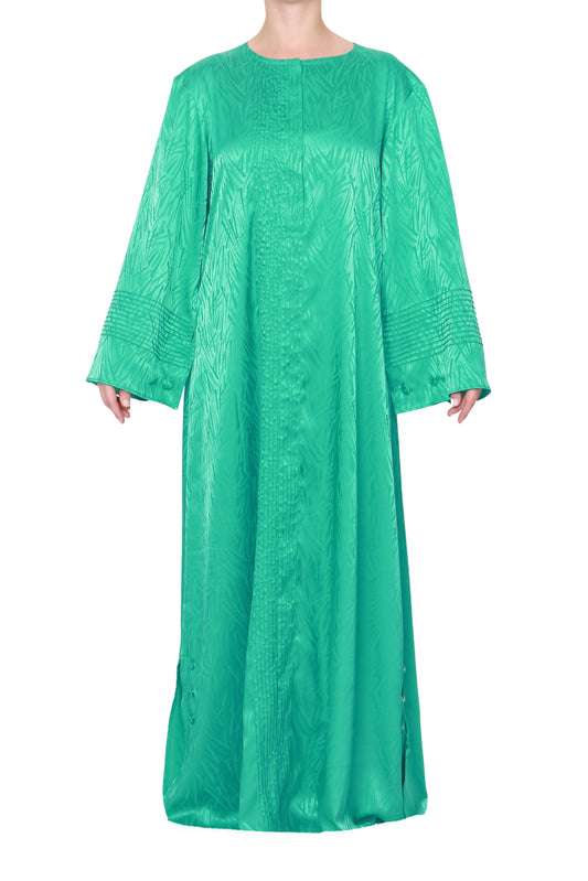 Green Modest Silk Jacquard Dress with Pinstripe Stitching Detail and Round Neckline