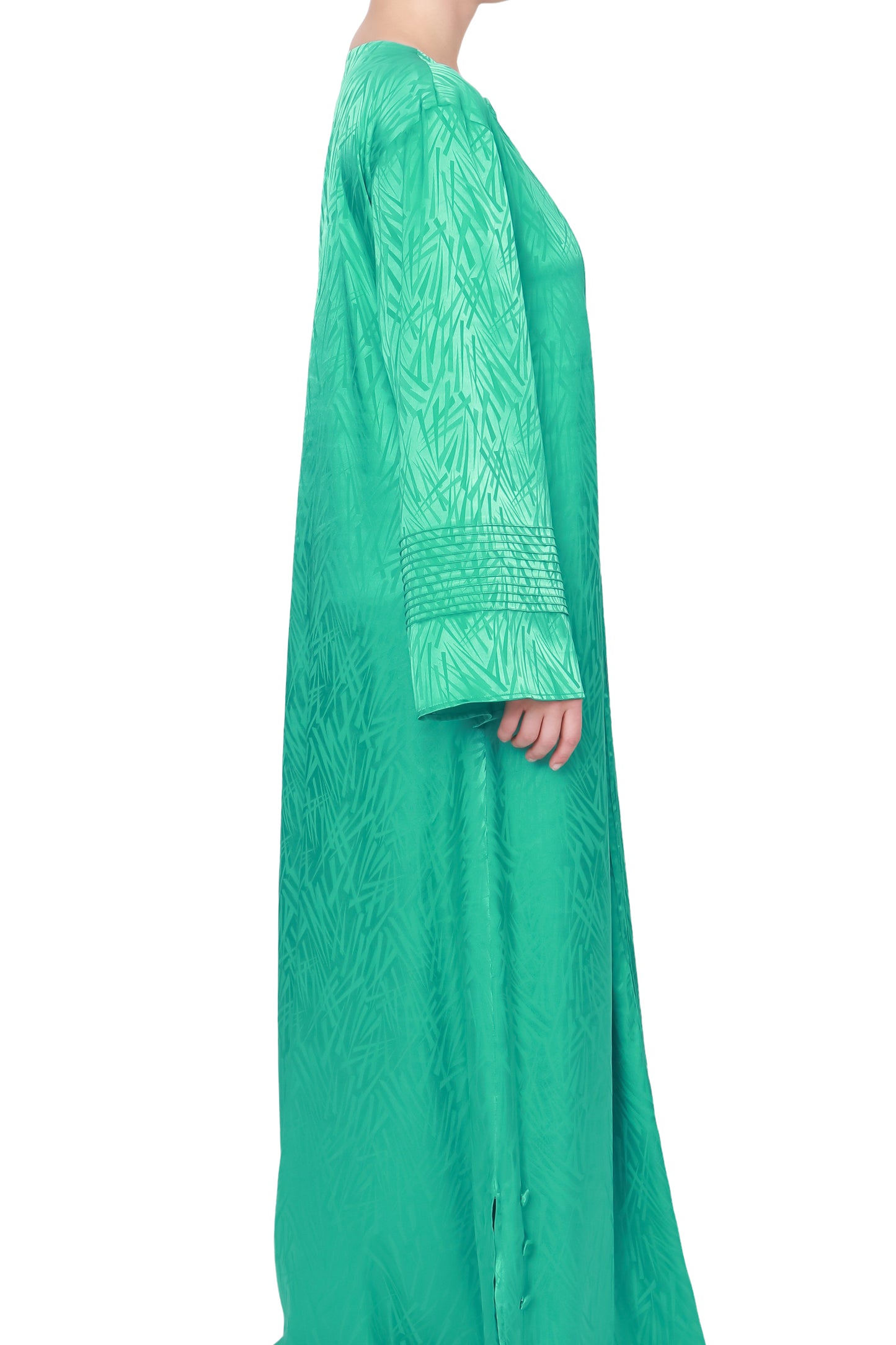 Luxurious Green Dress with Pinstripe Stitching and Loose Sleeves