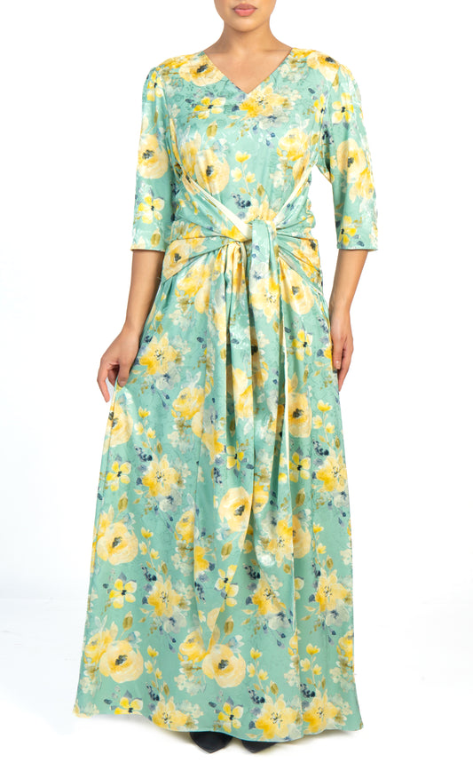 Green and yellow floral silk dress tied at the side