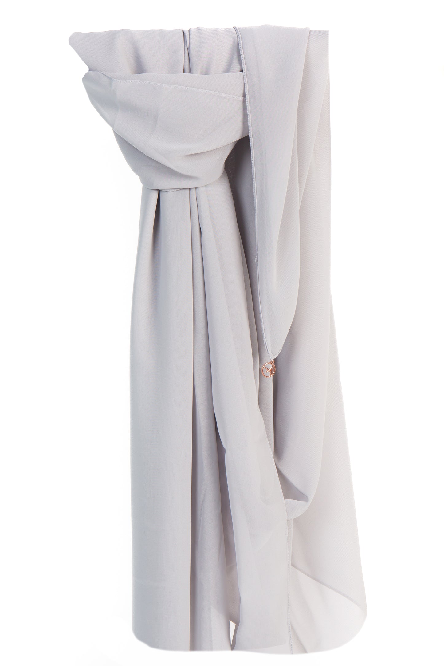 Image of a dove grey silk chiffon shayla, draped elegantly with a soft and silky texture, showcasing its delicate and luxurious fabric and understated grey hue.